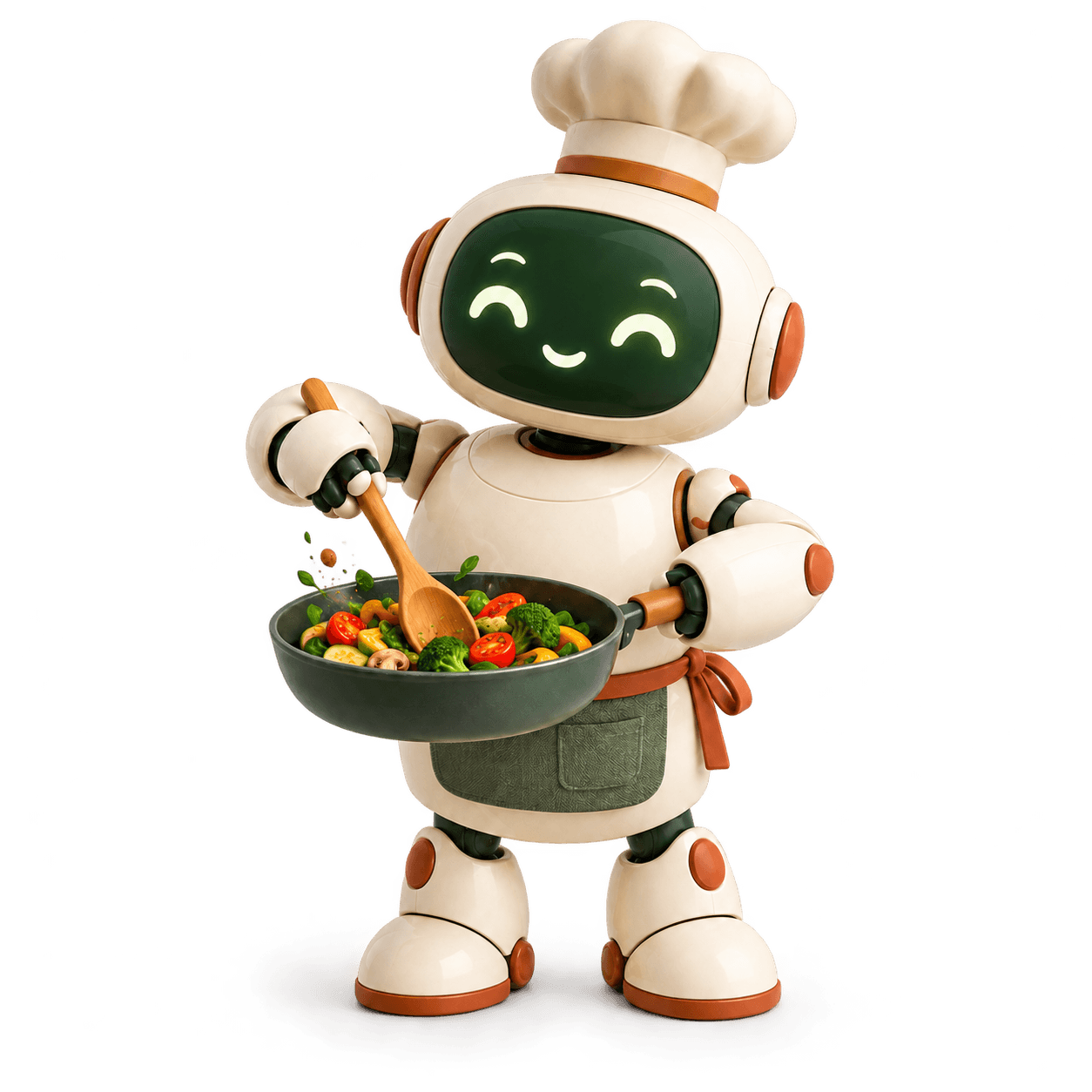 Friendly 3D cooking robot stirring fresh vegetables in a pan